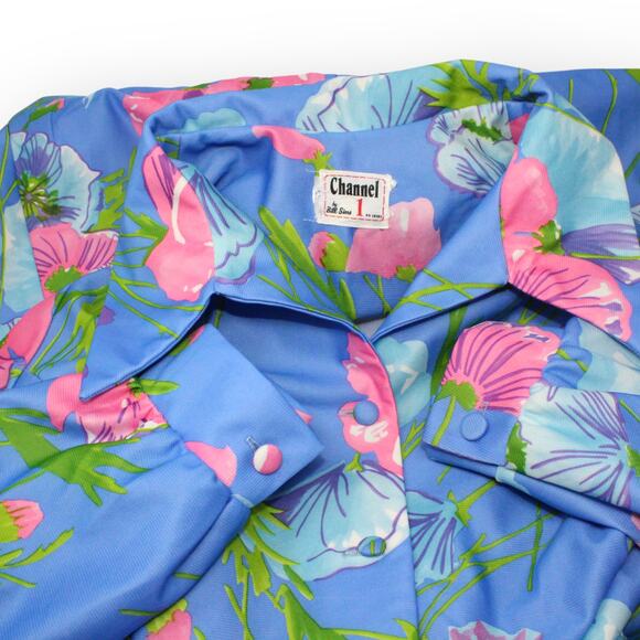 L/XL Vintage Channel1 by BillSims HouseDress DressingGown Poly Floral Aloha 70s - Picture 7 of 11